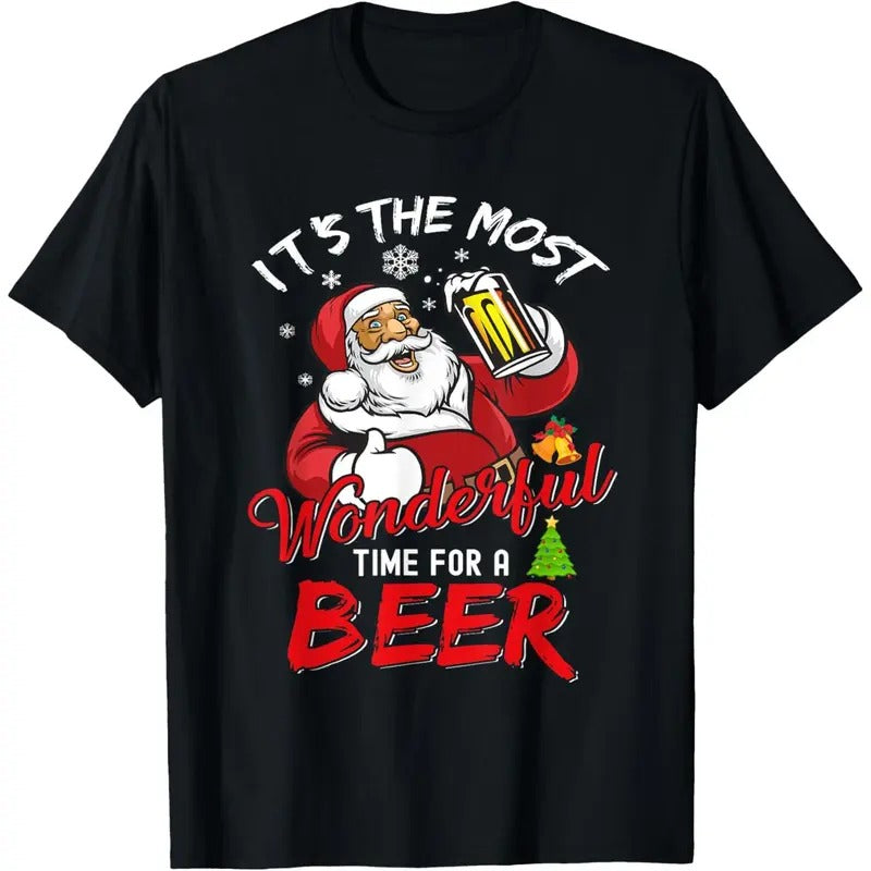 Funny Christmas Santa Claus Drinking Beer Wonderful Time T-Shirt  made in us Hoodie, Sweatshirt | PodTeesHub.com
