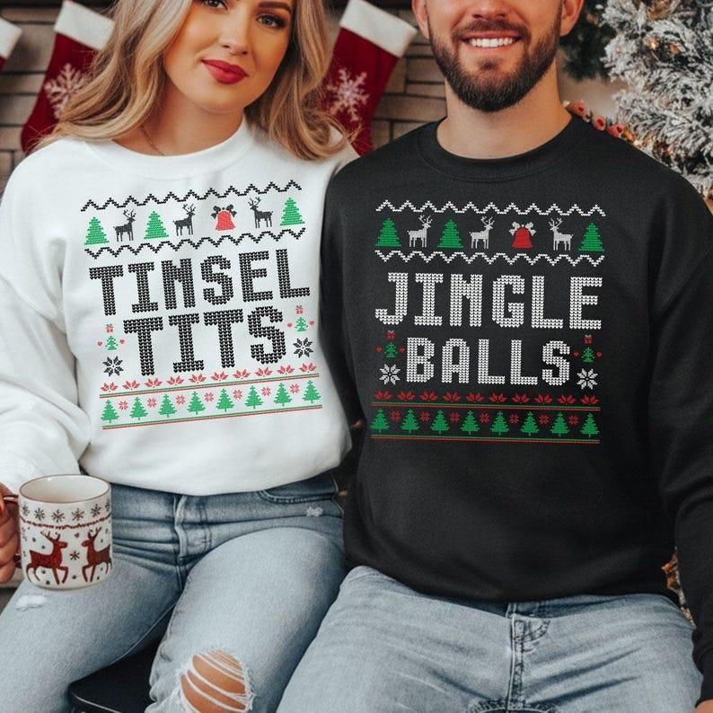 Funny Couples Christmas Ugly Sweatshirts, Jingle Balls & Tinsel Tits Matching Sweaters, Xmas Holiday Jumper, Novelty...