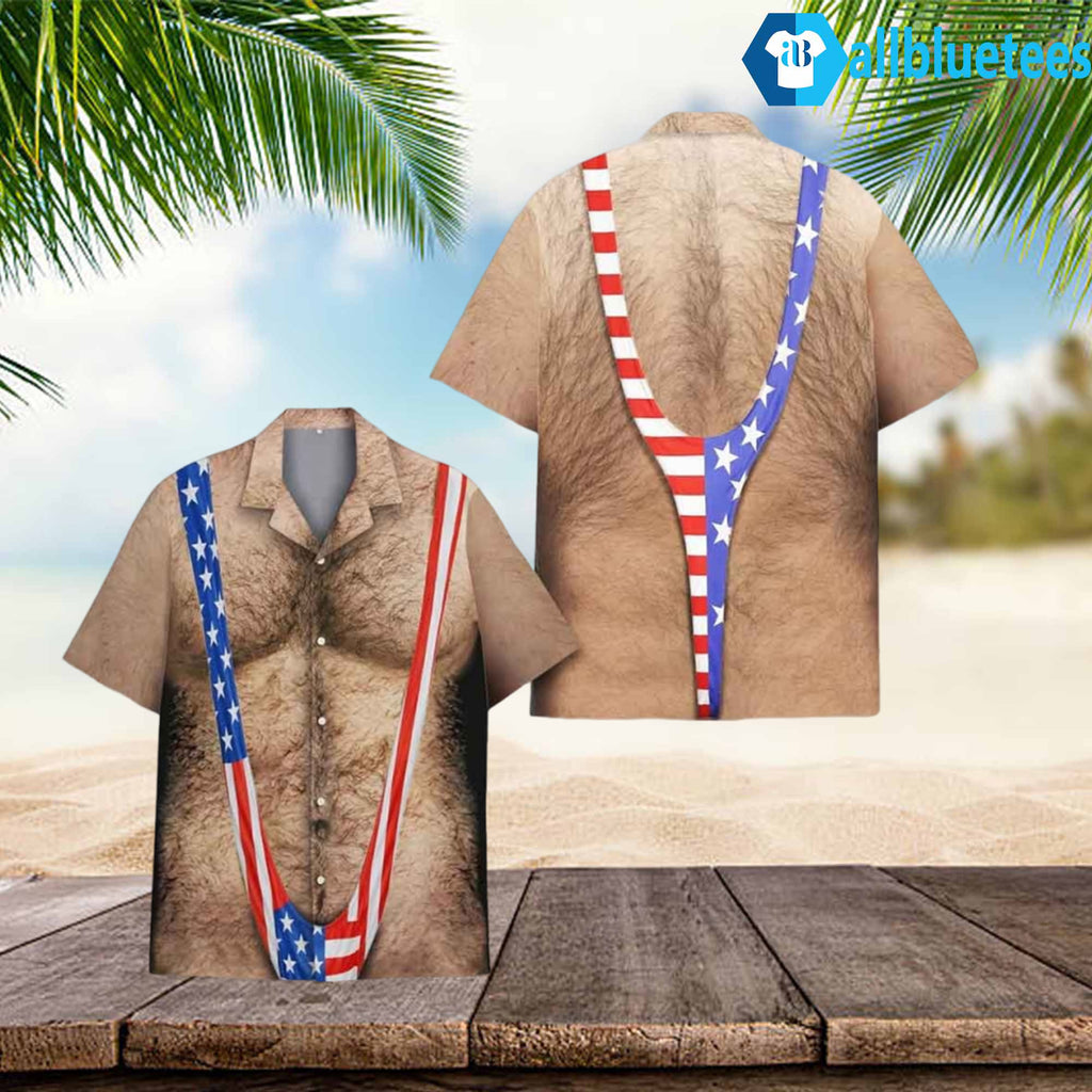 Funny Hairy Chest Men’s American Flag Hawaiian Shirt