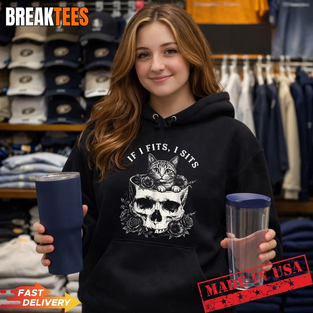 Funny If It Fits I Sits Cat with Skull Meme Humor Shirt