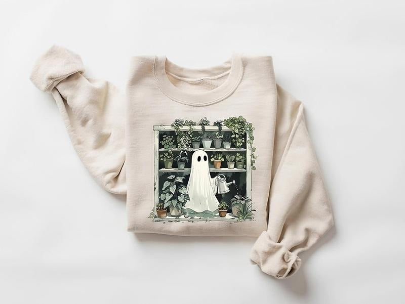 Funny Plant Ghost Sweatshirt, Halloween Plant Lady Shirt, Plant Lover Gift, Ghost Crewneck Sweater, Spooky Gardener Shirt...
