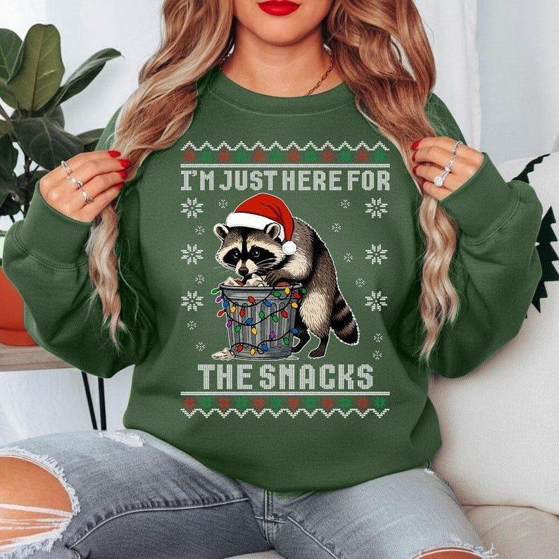 Funny Raccoon Christmas Sweatshirt, Snack Lover Ugly Holiday Crewneck Sweater, Cute Trash Panda  for Men Women, Funny...