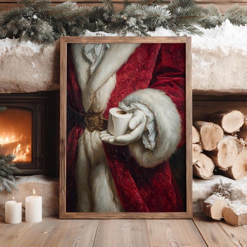 Funny Santa Bathroom Wall Art Poster, Vintage Christmas Toilet Paper Artwork, Quirky Guest Bathroom Holiday Decor...