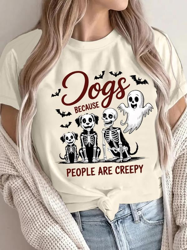 Funny Skeleton Dog Halloween Tee, Cute Spooky Fall Graphic, Casual Summer Round Neck Short Sleeve T-Shirt for Women,...