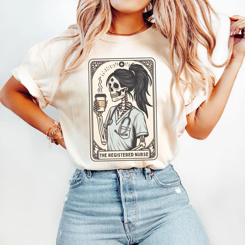 Funny Skeleton Registered Nurse Tarot Card Shirt, Cute RN Halloween Tee, Fall Nurse Life Graphic T-Shirt, Spooky Gift for...