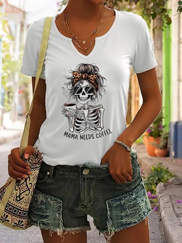 Funny Skull Mama Needs Coffee Printed T-Shirt, Casual Fitted V-Neck Summer Top for Women, Hipster Fashion Short Sleeve...
