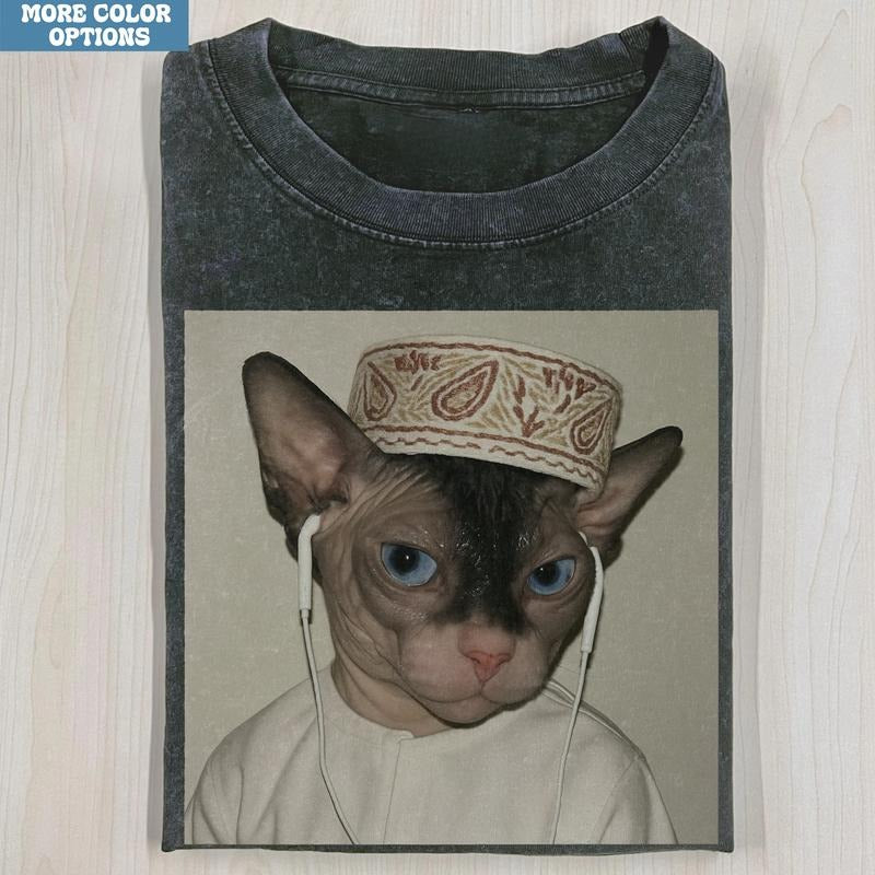 Funny Sphynx Cat Meme Tshirt, Vintage Wise Cat Graphic, Cool Earphones Style, Retro Humor Top, Unisex Streetwear Hoodie,...