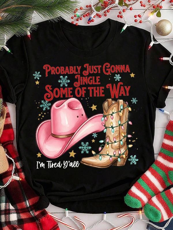 Funny Women's Christmas T-Shirt, Printed Slogan & Cowboy Boot Pattern, Casual Short Sleeve, All Seasons Comfort, Daily...