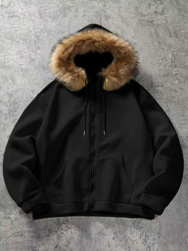 Fur Trim Hooded Zip-Up Sweatshirt - Winter Fashion Essential, 2025 Trendy Casual Wear T-Shirts, Hoodie | PodTeesHub.com