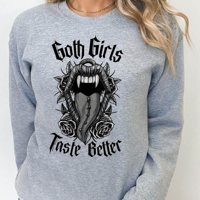 GOTH GIRLS TASTE BETTER  Valentine's Day Long Sleeve Crewneck Grunge Alt Aesthetic Edgy Streetwear Womenswear Casual...