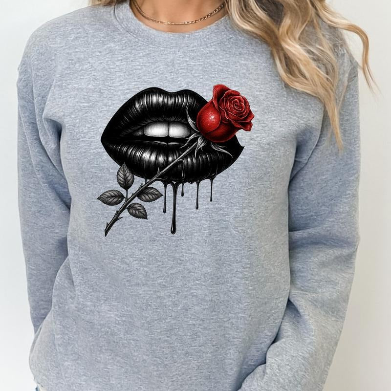 GOTHIC LIPS WITH ROSE Tees Casual T-Shirt Long Sleeve Crewneck Athletic Grey Fitted Pullover Halloween Statement Piece...