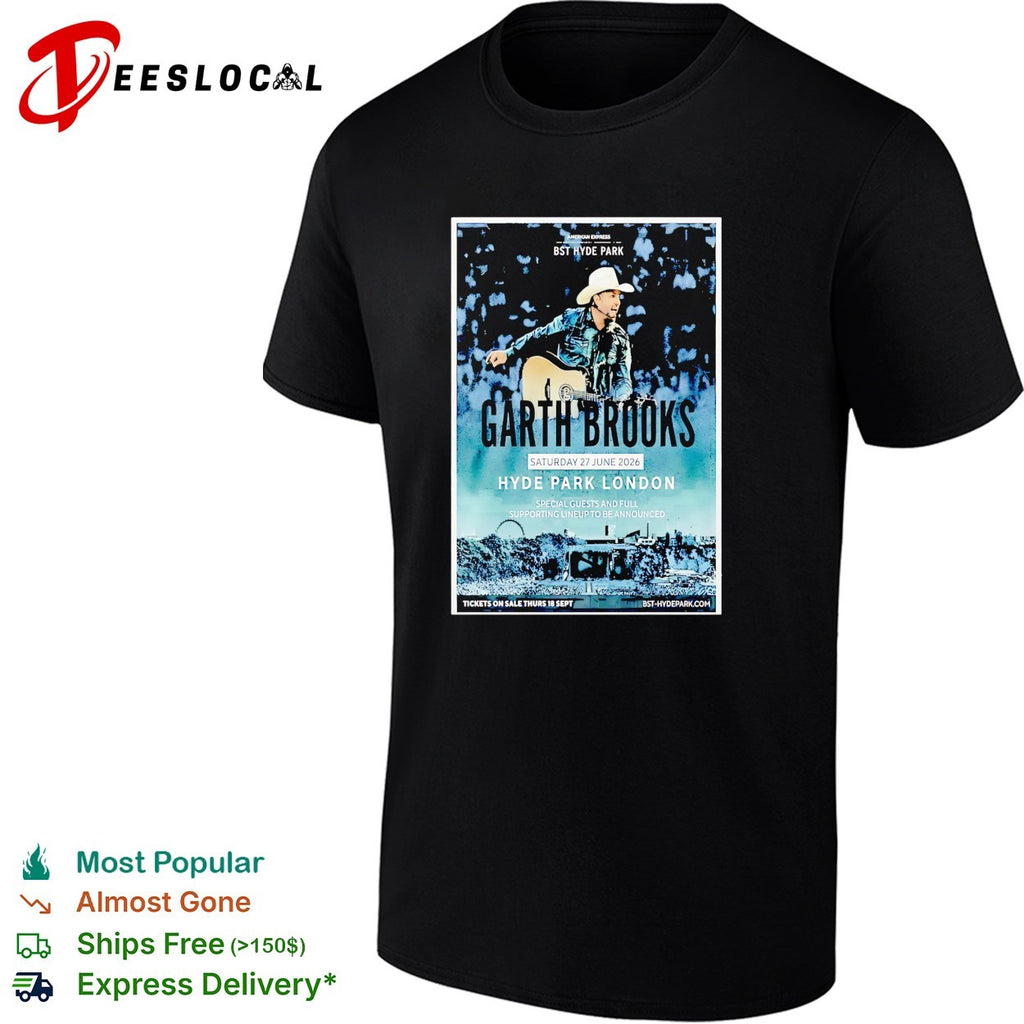 Garth Brooks wearing cowboy hat playing guitar BST Hyde Park London 2026 shirt