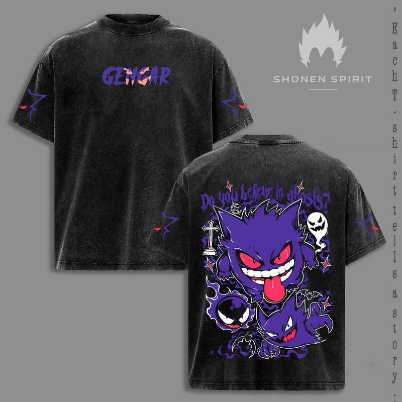 Gengarr Vintage Washed T-Shirt, Ghost Graphic Tee, Dark Aura Streetwear Shirt, Oversize Anime Game Tee, Retro Gothic...