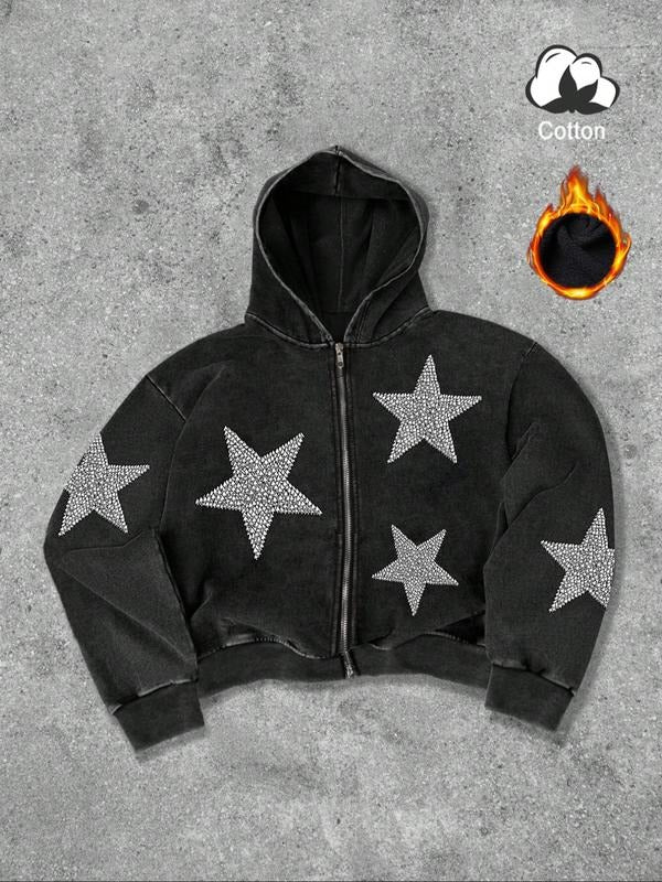 Geometric star print cotton men's street style Y2K retro wash hooded zip-up sweatshirt, fashionable and trendy casual...