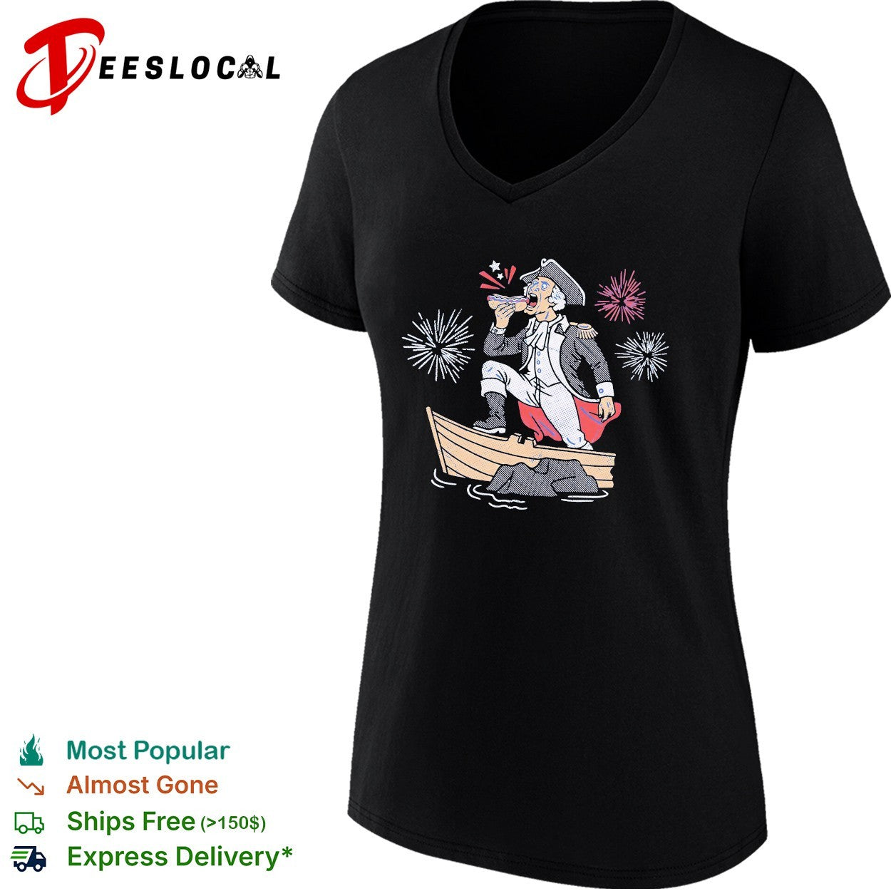 George Washington standing on boat eating hot dog fireworks shirt