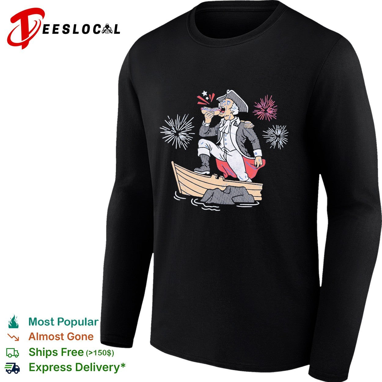 George Washington standing on boat eating hot dog fireworks shirt