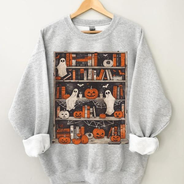 Ghost Bookcase Sweatshirt, Cute Ghost Boooks Shirt, Reading Ghosts Halloween Fall Bookish Sweatshirt Hoodie | PodTeesHub.com
