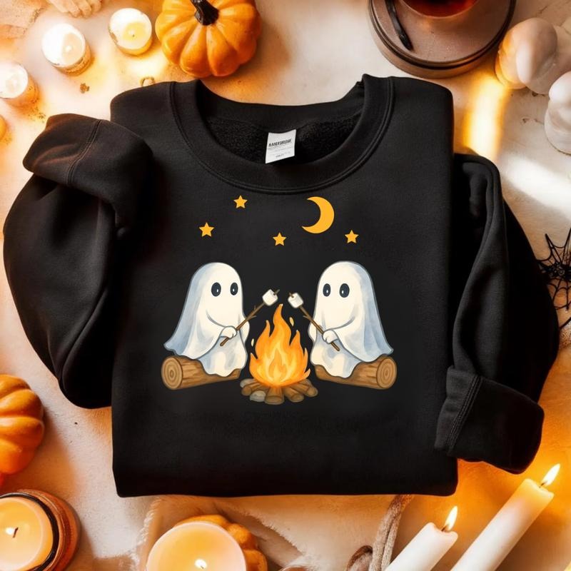 Ghost Campfire Sweatshirt - Cute Halloween Pullover with Marshmallow Roasting Ghosts Under Stars - Cozy Fall Bonfire...