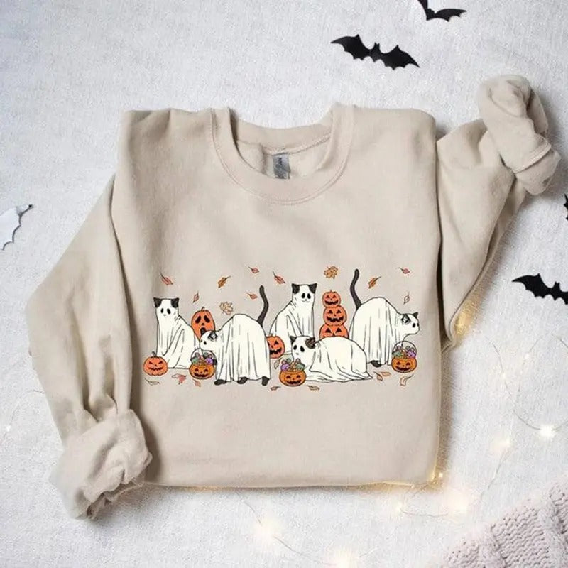 Ghost Cats Shirt Halloween Cute Cats, Cute Boo, Pumpkin Shirt, Fall Autumn, Spooky Season Party Tshirt Hoodie, Sweatshirt