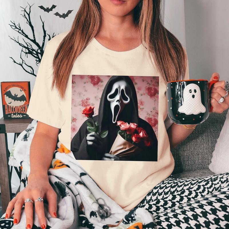 Ghostface With Roses Shirt, Funny Halloween Tee, Creepy But Cute Horror Romance Vibes Hoodie, Sweatshirt | PodTeesHub.com