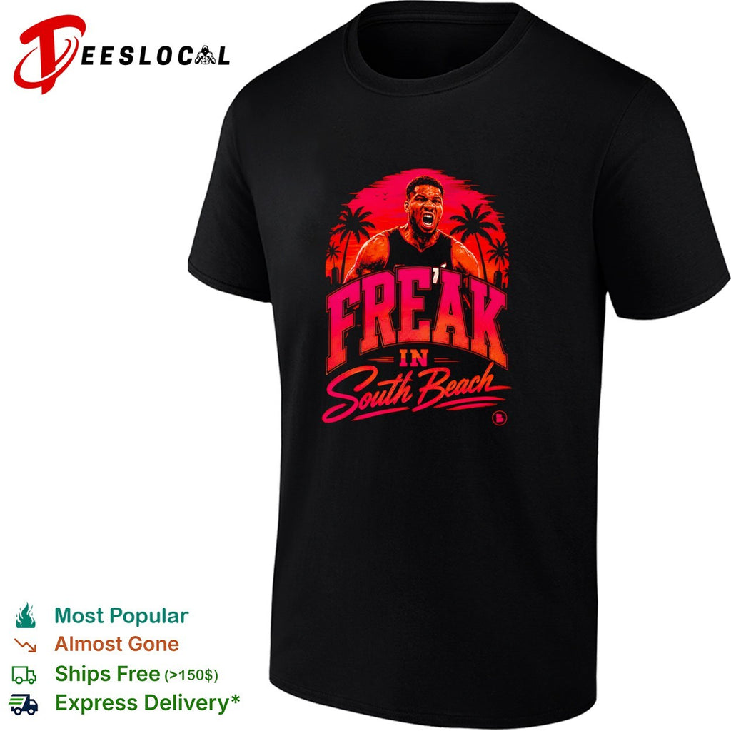 Giannis Antetokounmpo freak in South Beach Miami Heat shirt