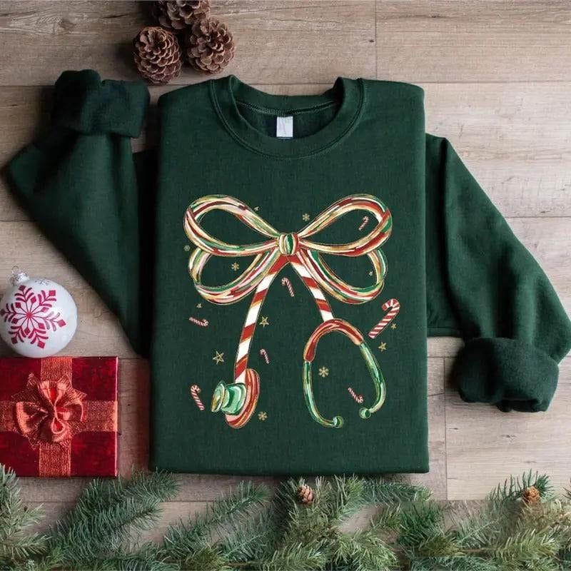 Gildan Candy Cane Stethoscope Sweatshirt, Nurse Christmas Bow Sweater, Festive Holiday Medical , Healthcare Workers...