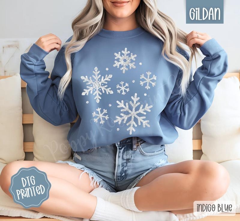 Gildan Faux Glitter Snowflakes Sweatshirt Winter Cozy Season Gildan Sweatshirt for Women Indigo Blue Ultra Soft Warm...