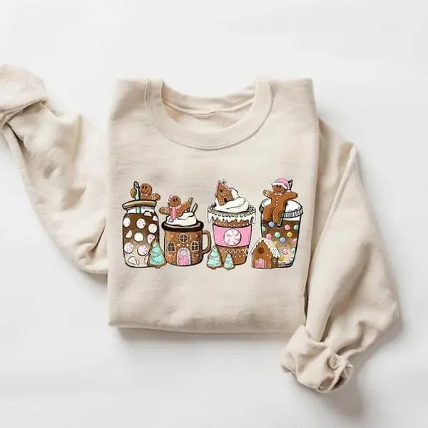 Gingerbread Christmas Coffee Shirt, Christmas coffee Sweatshirt, women Holiday sweater, Xmas Tee, Coffee Lover gift,...