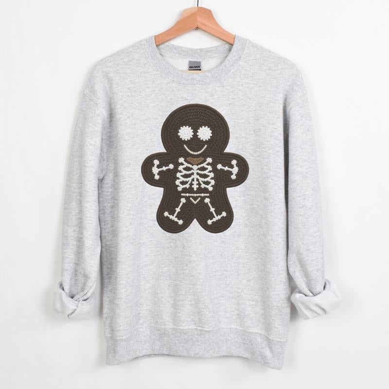 Gingerbread Skeleton Man Faux Crocheted Hoodie Long Sleeve Crewneck Sweatshirt for Women Casual Gray Graphic Pullover Top...