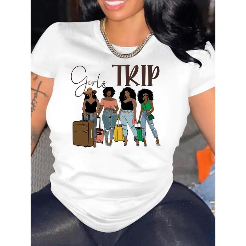 Girl Trip Print Crew Neck T-shirt, Casual Short Sleeve T-shirt For Summer, Women's Clothing Hoodie, Sweatshirt