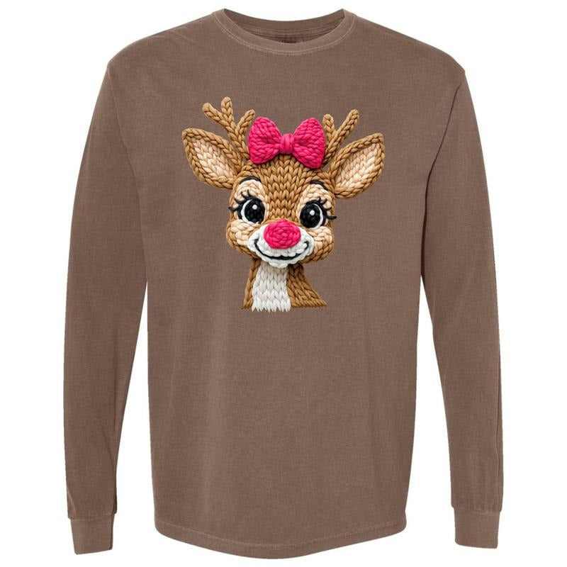 Girly Reindeer FAKE Crochet Comfort Colors Long Sleeve T-Shirt 'NLB' Hoodie, Sweatshirt | PodTeesHub.com