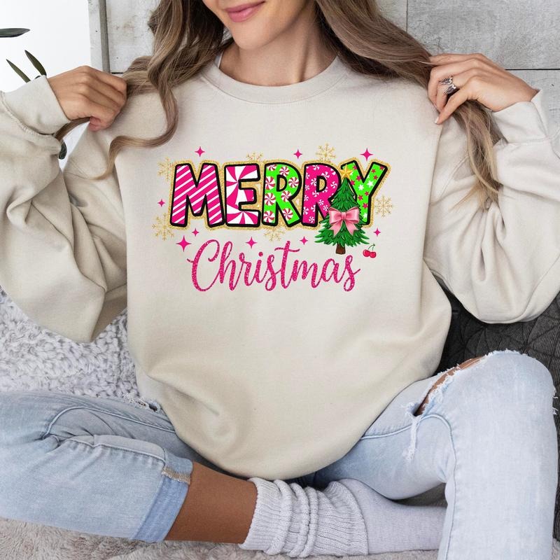 Glitter Merry Christmas Sweatshirt, Colorful Christmas Shirt, Womens Christmas Shirt, Festive Holiday Sweater, Cute...