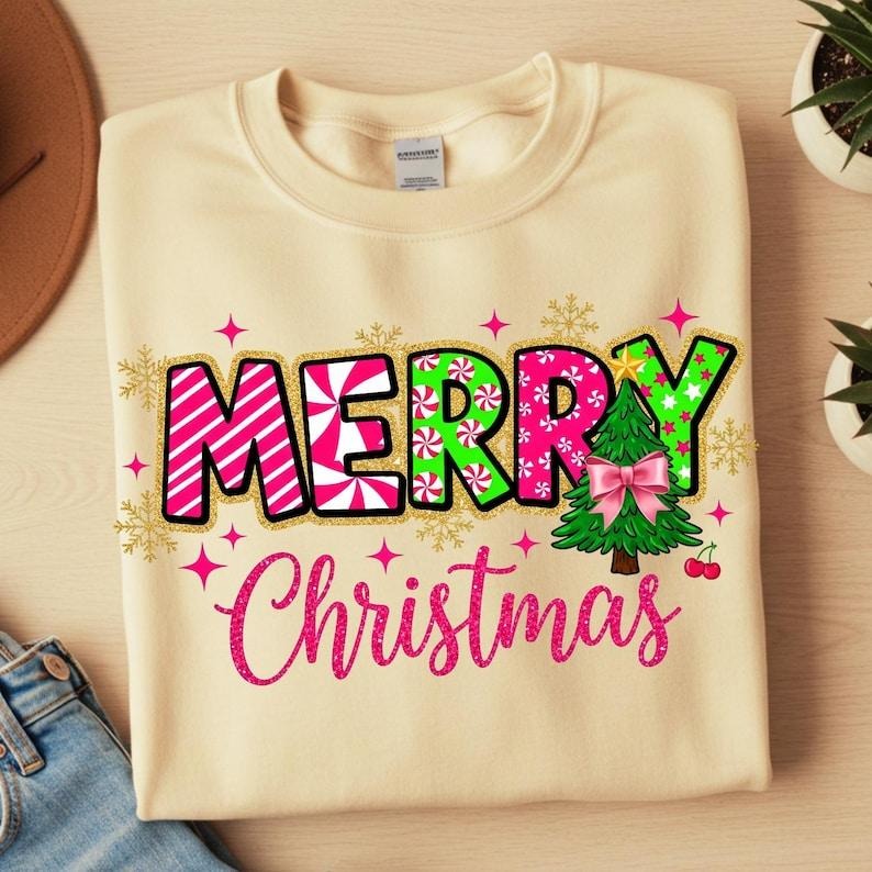 Glitter Merry Christmas Sweatshirt, Retro Christmas Shirt , Girly Cute Christmas Hoodie, Trendy Holiday, For Men, For Women