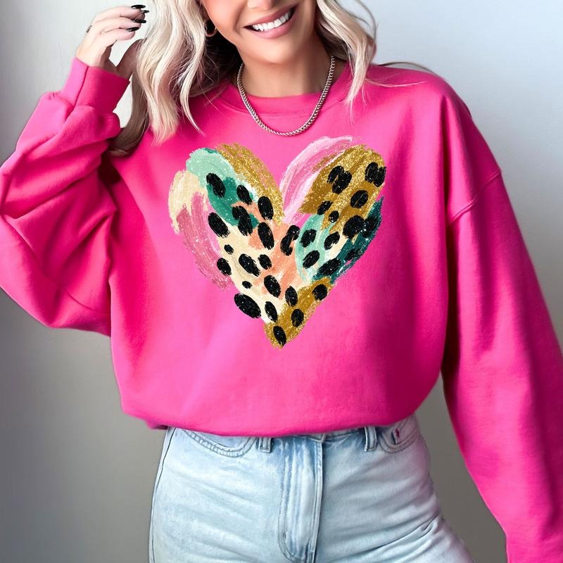 Glittery Leopard Print Heart, Abstract, Real Glitter, Love, Valentine's Day Sweatshirt, Crew Neck, Women's, Crewneck,...