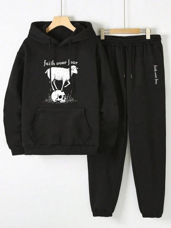 Goat Skull Hoodie Set, Faith over Fear Graphic Sweatshirt, Casual Fitted Long Sleeve Top, Spring & Fall Urban Fashion...