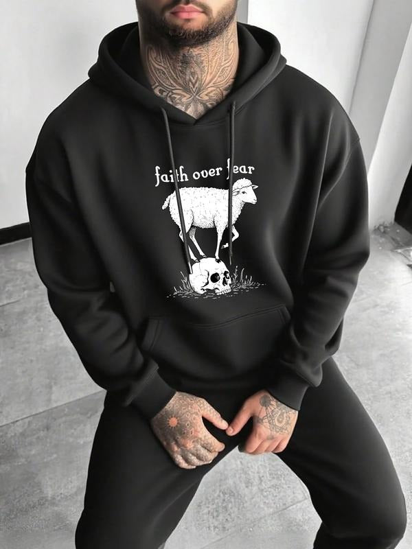Goat Skull Hoodie Set, Faith over Fear Graphic Sweatshirt, Long Sleeve Fitted Casual Wear, Spring & Fall Streetwear T-Shirts