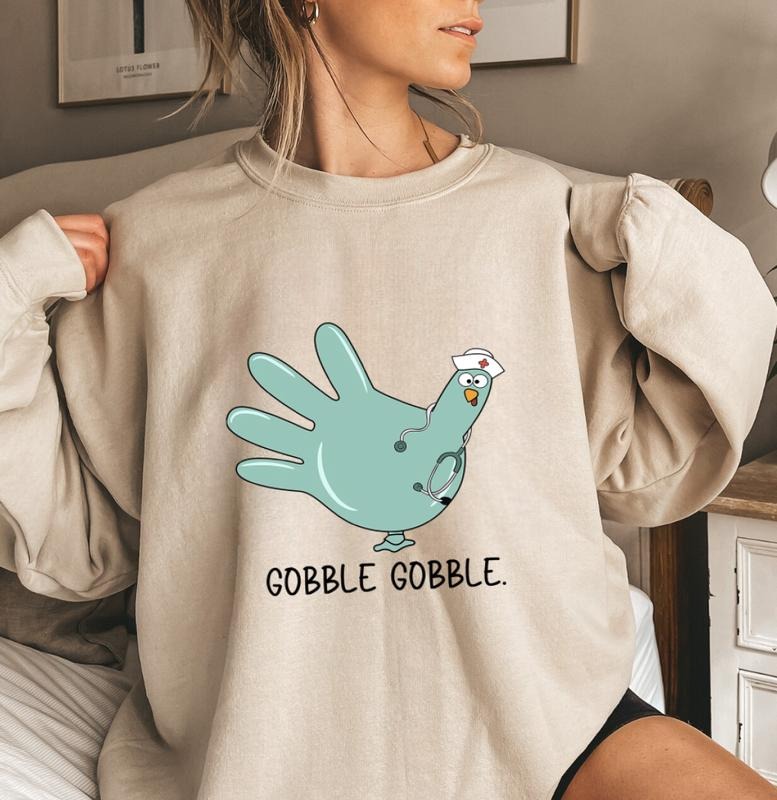 Gobble Gobble Nurse Turkey Sweatshirt, Funny Thanksgiving Medical Humor Crewneck, Cute Turkey Handprint Graphic Pullover,...