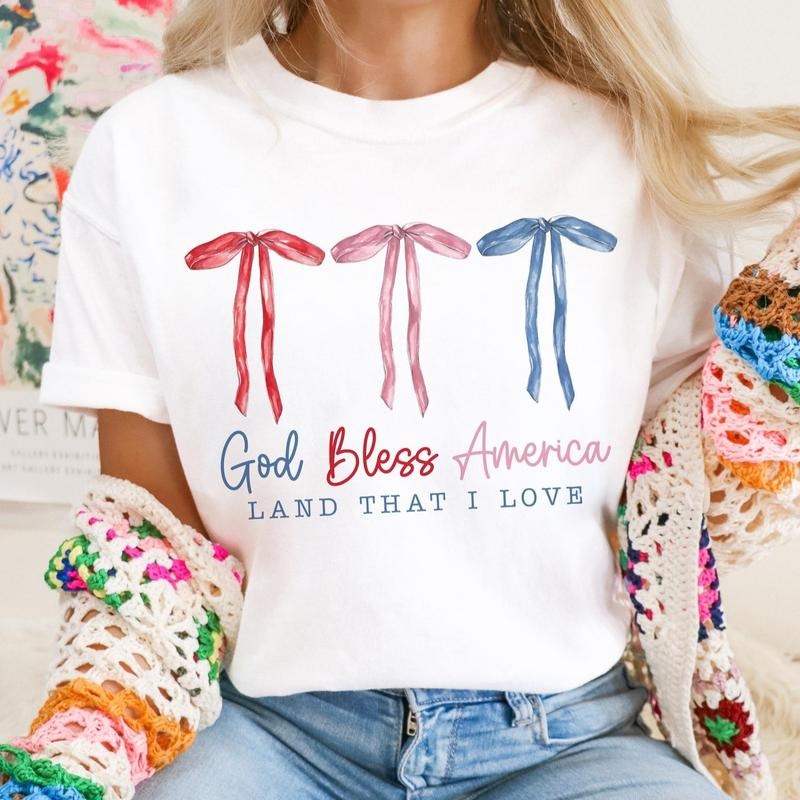 God Bless America Coquette Fourth of July Shirt, America Patriotic 4th of July Bows Tee, Independence Day Gift, Memorial...