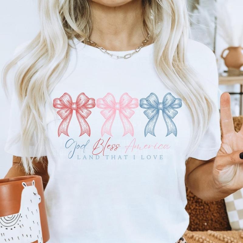 God Bless America Coquette Fourth of July Shirt, Memorial Day Gift, Girly USA Independence Day Shirt, Retro America 4th...