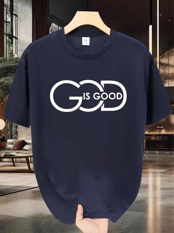 God Letter Graphic Print T-Shirt, Short Sleeve Casual Tee for Men, Summer Fitted Knit Top, Age 13+, Trendy Fashionable...