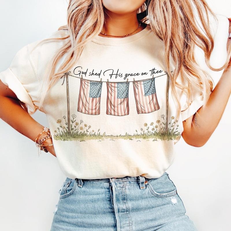 God Shed His Grace On Thee USA Flags Unisex Shirt, 4th of July Christian Patriotic Tee, Faith and Freedom Independence...