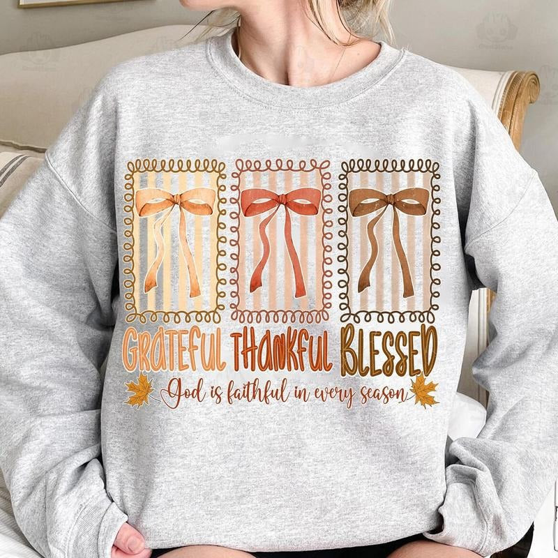 God is Faithful in Every Season Fall Vibes Sweater, Greatful Thankful Blessed Coquette Bow Tee, Religious Fall Gifts for...