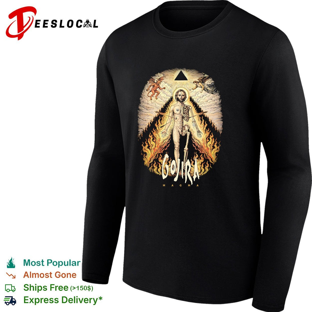 Gojira Magma half skeleton half human devil angel flames pyramid shirt