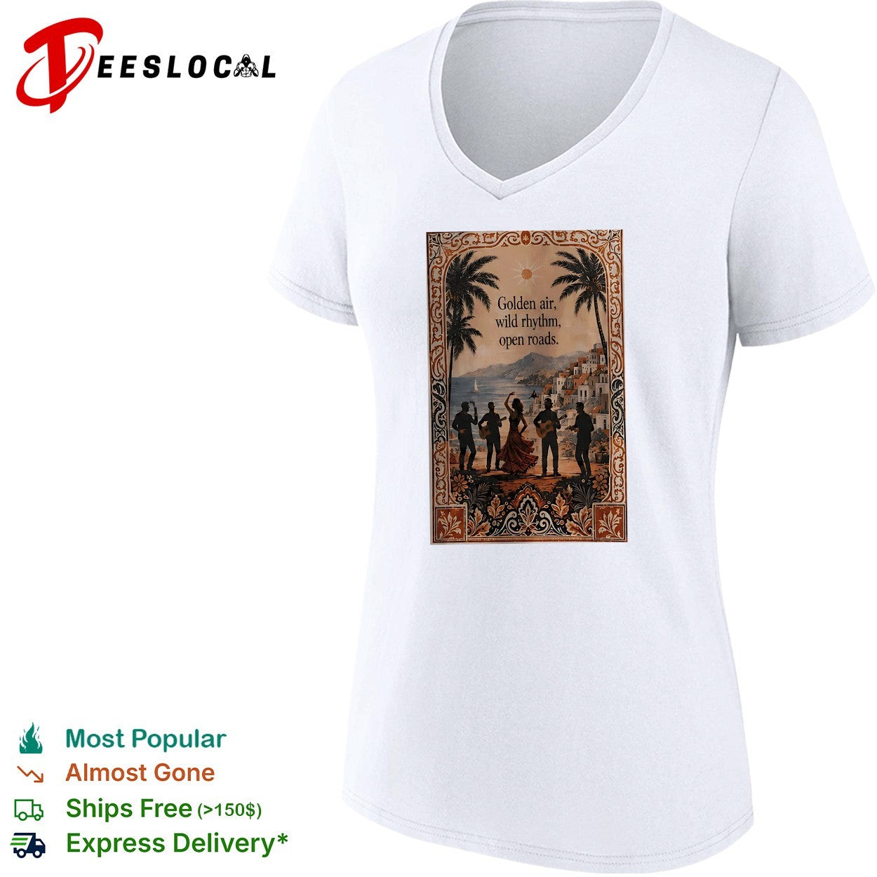 Golden air wild rhythm open roads flamenco dancers coastal village shirt