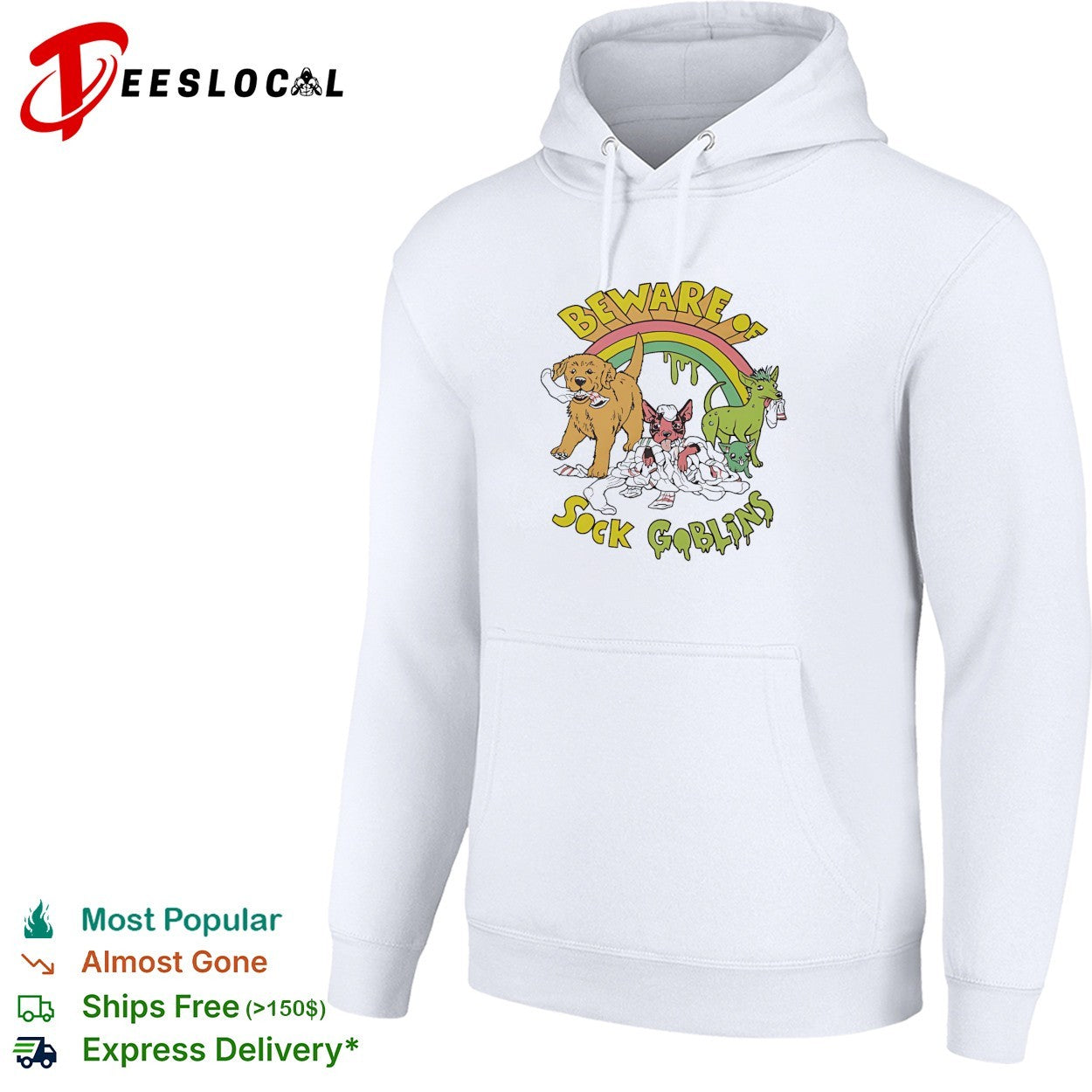 Golden retriever puppy and sock goblins beware rainbow shirt