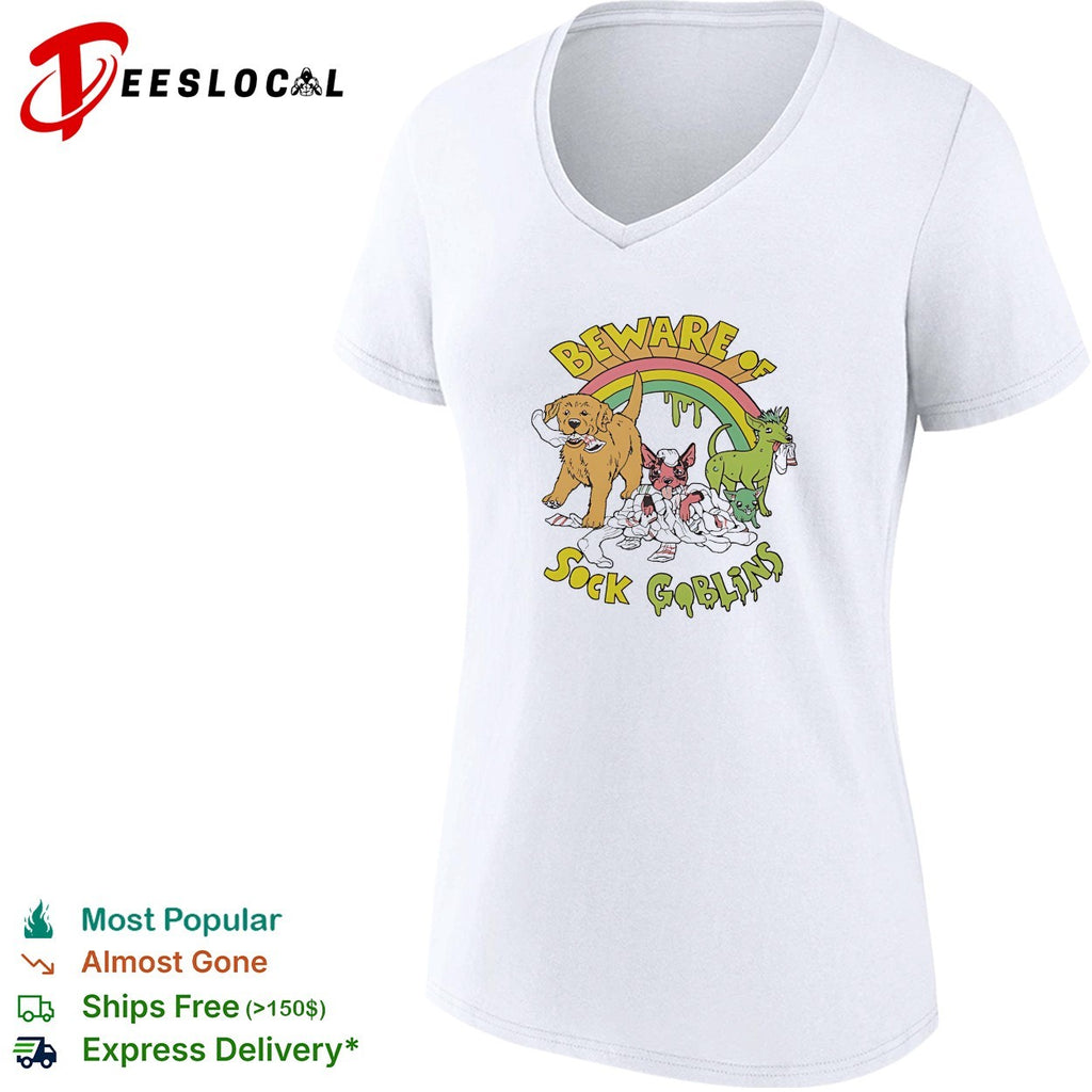 Golden retriever puppy and sock goblins beware rainbow shirt