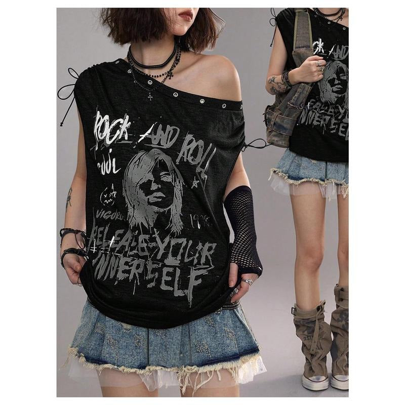 Goth Grunge Tops Y2k Off The Shoulder Vintage T-Shirt Going Out Top Graphic Tee Hoodie, Sweatshirt | PodTeesHub.com