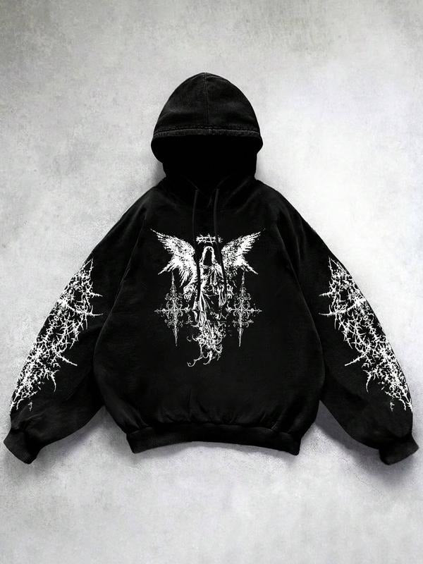 Gothic Angel Cross Print Hoodie, Street Style, Daily Wear, Bold Fabric Design, Dark Inspiration, Unisex Fashion Piece,...