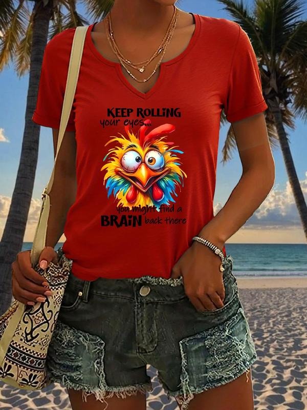 Graphic Rooster Print Women's T-Shirt, Fitted V-Neck Summer Casual Tee, Trendy Style for Ages 18 to 44, Comfortable Short...