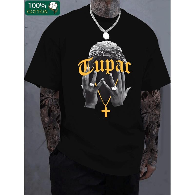 [Graphic Tees] Cotton mens 220g thick cotton t shirt black graphic tee with letter print short sleeve round neck for...